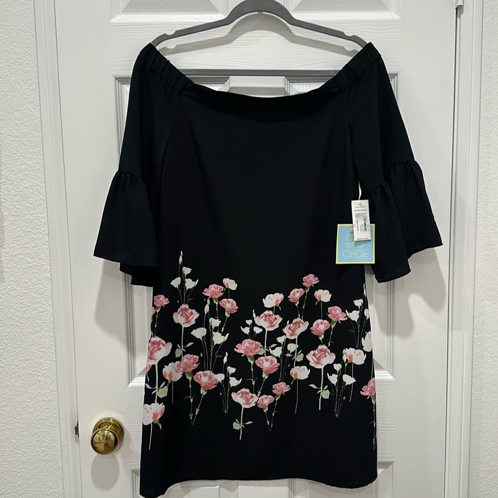 Cece Black Off Shoulder Black & Floral Dress